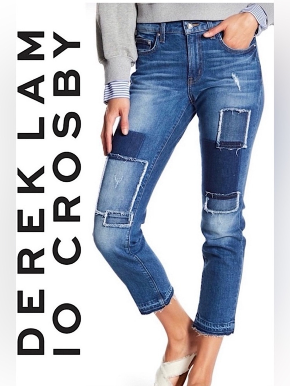 Derek Lam 10 Crosby Mila Mid Rise Girlfriend Patchwork Released Hem Jeans 27